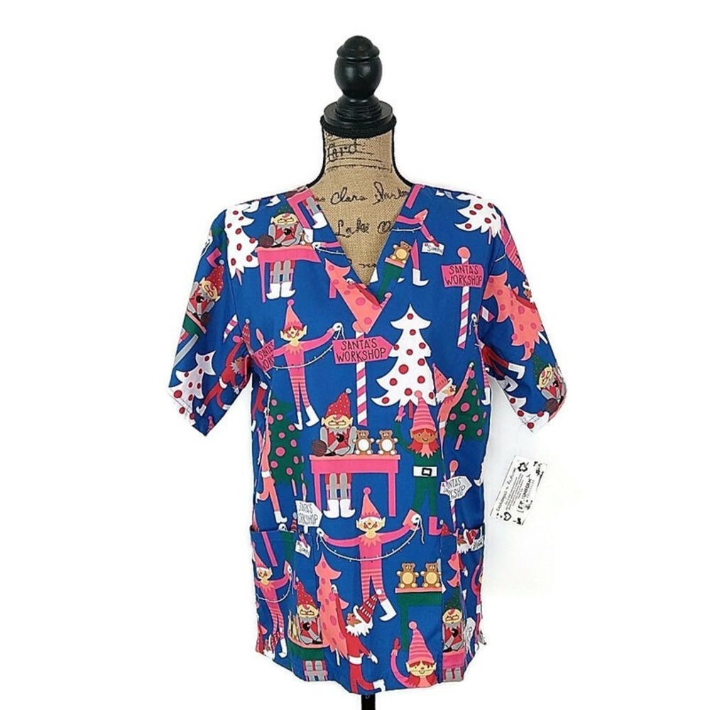 UA Scrubs Scrub Top Womens S Blue Santas Workshop Elves Christmas Holiday NEW